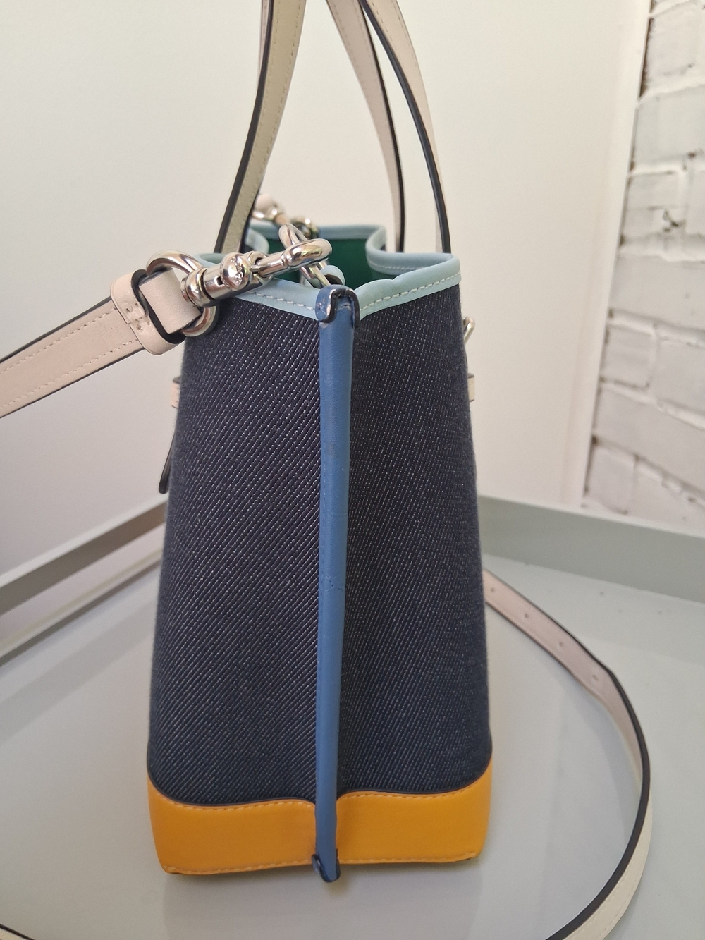 Authentic Coach Mollie Denim Color block Tote - Navy, Yellow & Light Blue - Picture 4 of 14